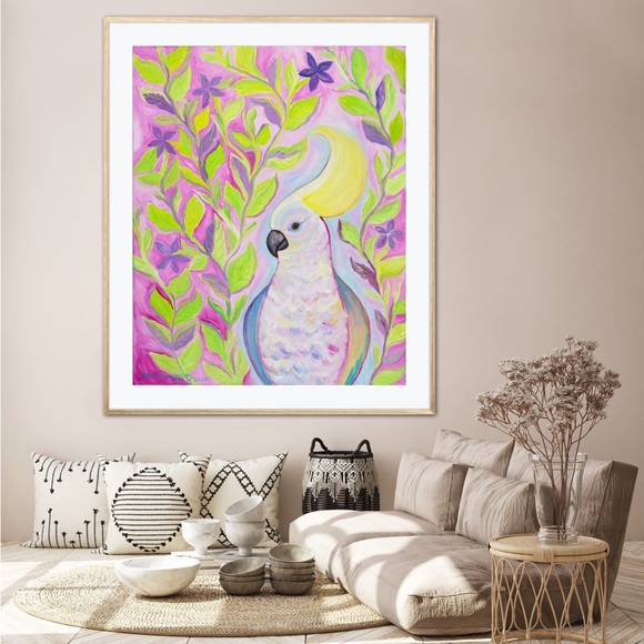 Cockatoo Hairdo Art Print Oil Painting tropical bird plants flowers whimsical - Picture 2 of 10